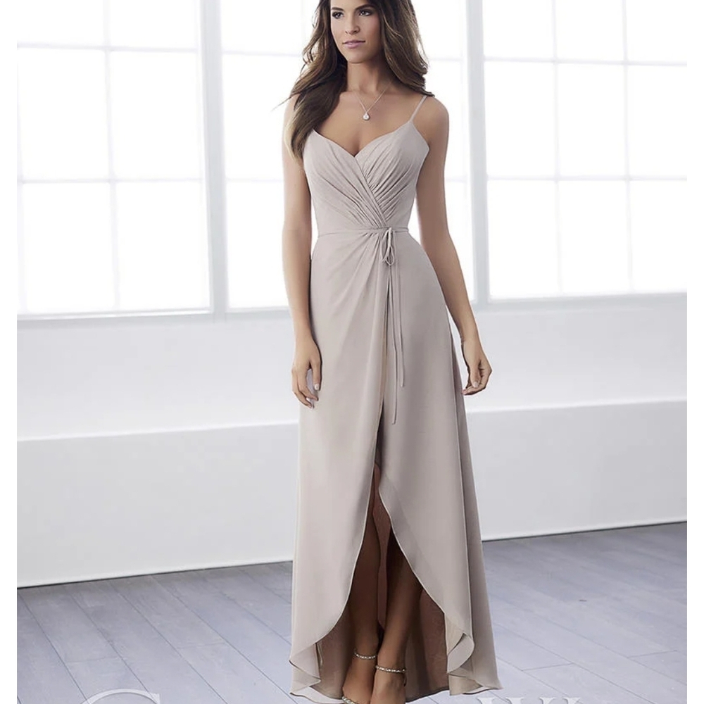 Elegant Spaghetti-Strap Taupe Dress with Wrap Front